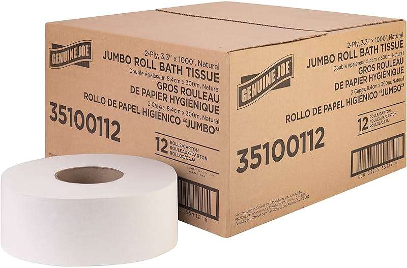 Genuine Joe Jumbo Roll Bath Tissue, 3.3" x 1000', 2-Ply, Natural, 12 Count - Image 1