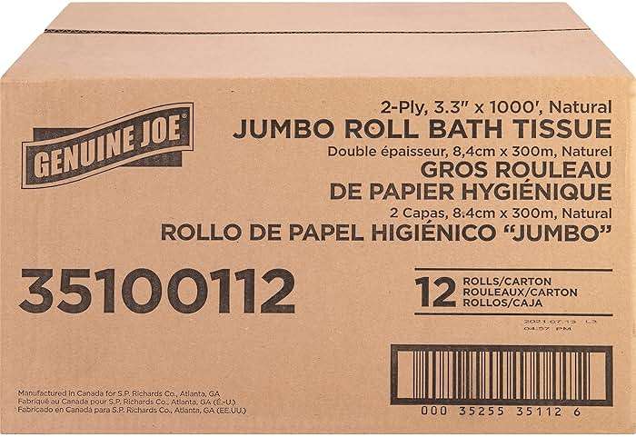 Genuine Joe Jumbo Roll Bath Tissue, 3.3" x 1000', 2-Ply, Natural, 12 Count - Image 2