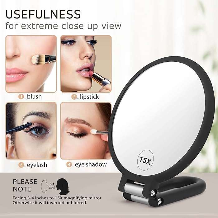 CLSEVXY Magnifying Handheld Mirror Double Sided, 1X 15X Magnification Hand Mirrors, Travel Folding Hand Held Mirror, 360°Rotation Pedestal Makeup Vanity Mirror - Image 3