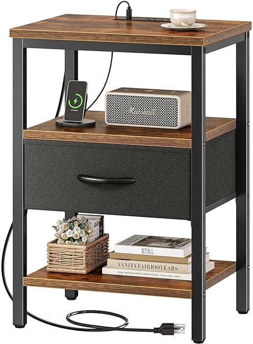SUPERJARE Nightstand with Charging Station, Bed Side Table with Adjustable Fabric Drawer, Night Stand for Bedroom, 3-Tier Storage End Table, for Living Room, Rustic Brown and Black - Image 1