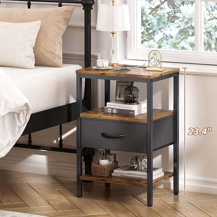 SUPERJARE Nightstand with Charging Station, Bed Side Table with Adjustable Fabric Drawer, Night Stand for Bedroom, 3-Tier Storage End Table, for Living Room, Rustic Brown and Black - Image 4