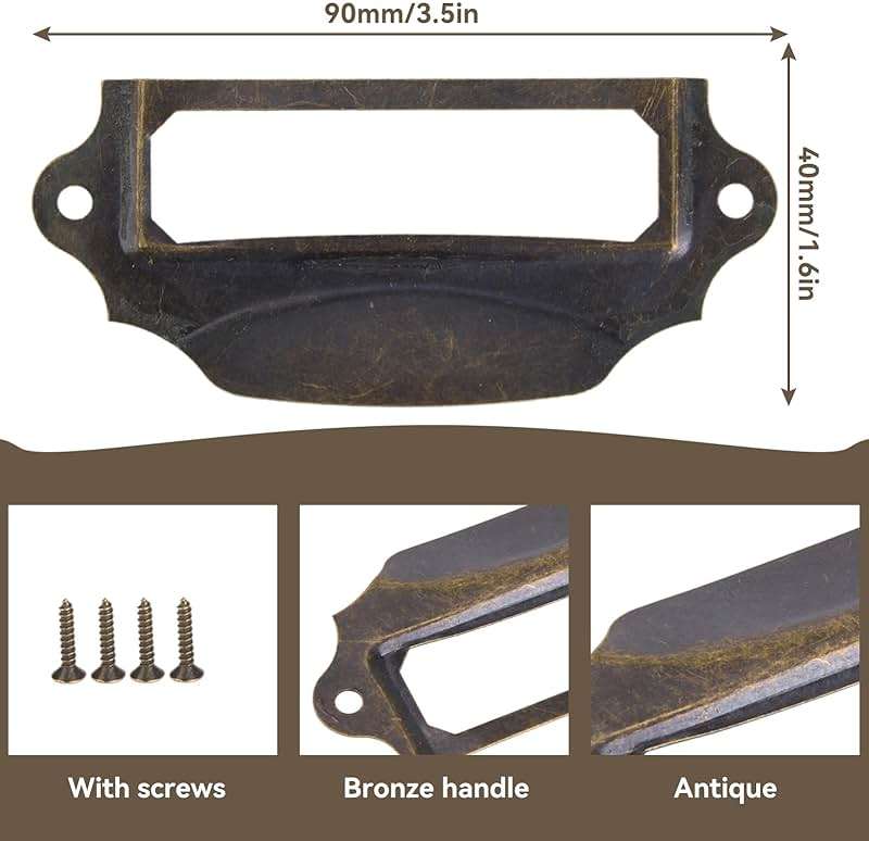 Cyrank 10 Pack File Drawer Label Holder Pull Handle, Antique Bronze Card Holder Drawer Pull Iron Label Holder Pull Handles for Furniture Cupboard Cabinet Drawer, 3.5 x 1.6in - Image 3