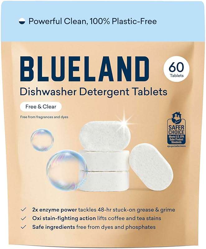 BLUELAND 100% Plastic-Free Dishwasher Detergent Tablets, 60 Count, Free & Clear, Eco-Friendly Dishwashing Pods, Cuts Grease & Stuck on Food, Rinses Clean for Streak-Free Shine - Image 1