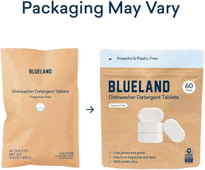 BLUELAND 100% Plastic-Free Dishwasher Detergent Tablets, 60 Count, Free & Clear, Eco-Friendly Dishwashing Pods, Cuts Grease & Stuck on Food, Rinses Clean for Streak-Free Shine - Image 9