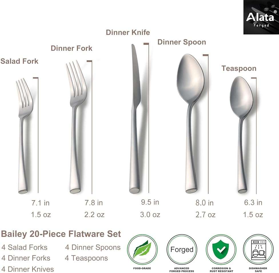 Alata Bailey 20-Piece Forged Stainless Steel Flatware Set Cutlery Set,Service for 4,Matte Satin Finish,Dishwasher Safe… - Image 5