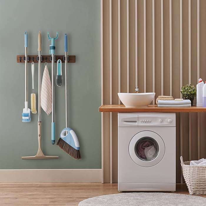 OUTNILI Mop and Broom Holder Wall Mount - Wood Broom Mop Hanger - Wall Mounted Garden Tool Rack Organizer for Closet Garage Laundry Room, Rustic Kitchen Decor With 4 Slots & 4 Hooks - Image 2