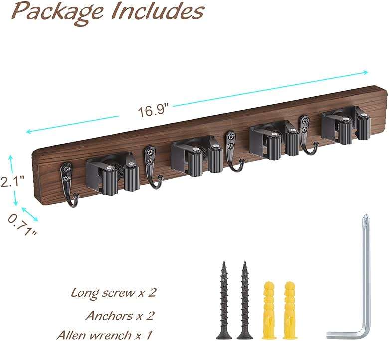 OUTNILI Mop and Broom Holder Wall Mount - Wood Broom Mop Hanger - Wall Mounted Garden Tool Rack Organizer for Closet Garage Laundry Room, Rustic Kitchen Decor With 4 Slots & 4 Hooks - Image 3