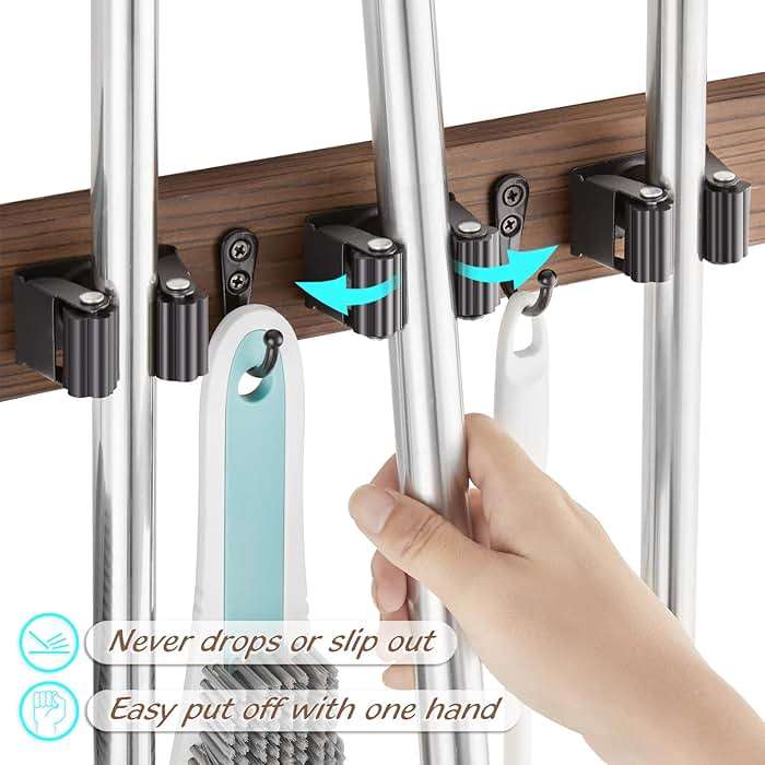 OUTNILI Mop and Broom Holder Wall Mount - Wood Broom Mop Hanger - Wall Mounted Garden Tool Rack Organizer for Closet Garage Laundry Room, Rustic Kitchen Decor With 4 Slots & 4 Hooks - Image 4
