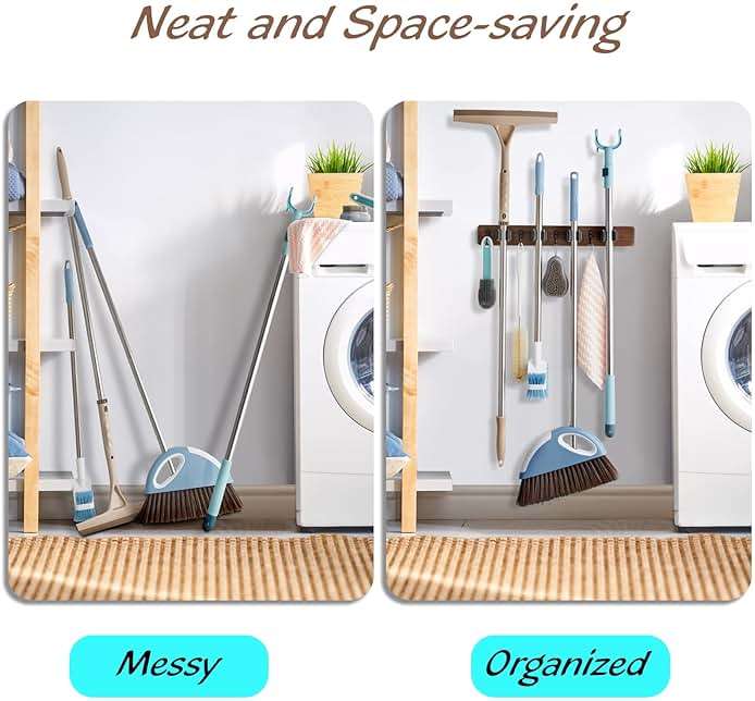 OUTNILI Mop and Broom Holder Wall Mount - Wood Broom Mop Hanger - Wall Mounted Garden Tool Rack Organizer for Closet Garage Laundry Room, Rustic Kitchen Decor With 4 Slots & 4 Hooks - Image 5