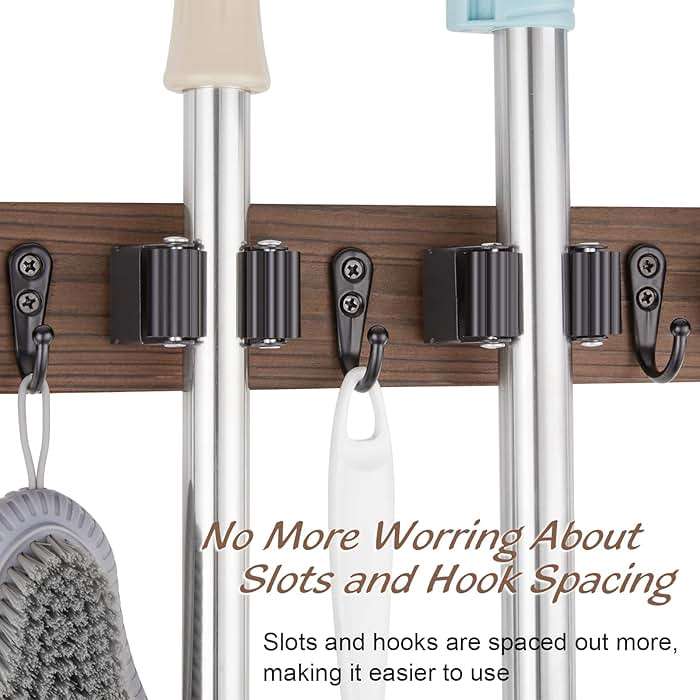 OUTNILI Mop and Broom Holder Wall Mount - Wood Broom Mop Hanger - Wall Mounted Garden Tool Rack Organizer for Closet Garage Laundry Room, Rustic Kitchen Decor With 4 Slots & 4 Hooks - Image 6
