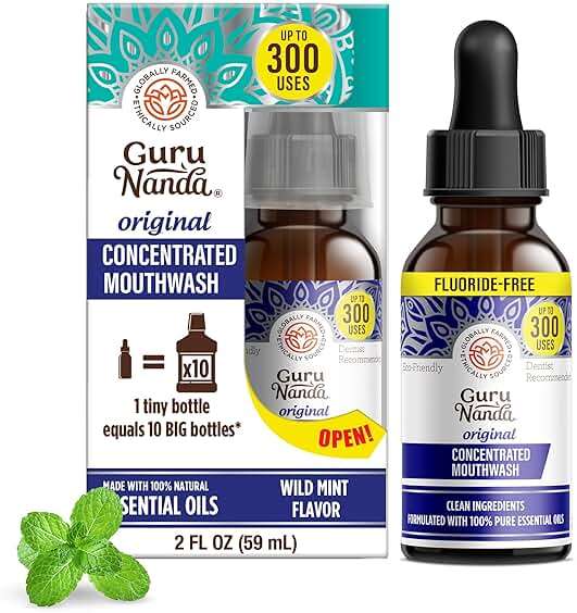 GuruNanda Concentrated Mouthwash (2 fl oz), Supports 300 Rinses, Aids in Fresh Breath, Fluoride-Free, Mint Mouthwash with Natural Essential Oils - Image 1
