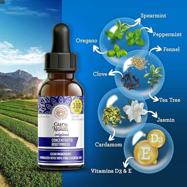 GuruNanda Concentrated Mouthwash (2 fl oz), Supports 300 Rinses, Aids in Fresh Breath, Fluoride-Free, Mint Mouthwash with Natural Essential Oils - Image 3