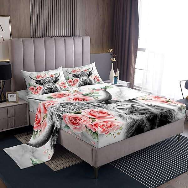 Highland Cow Flower Bed Sheets King, Bull Cattle Sheet Set, Western Funny Animal Bedding Set, Wildlife Farmhouse Cow Fitted Sheet Rose Grey Marble, 1 Flat Sheet, 1 Fitted Sheet, 2 Pillowcases - Image 1