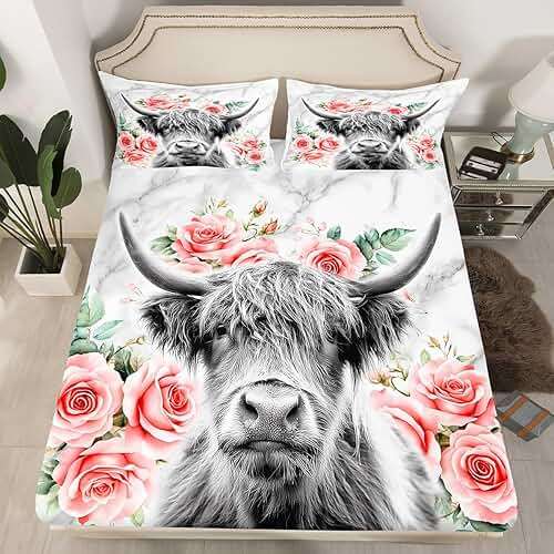 Highland Cow Flower Bed Sheets King, Bull Cattle Sheet Set, Western Funny Animal Bedding Set, Wildlife Farmhouse Cow Fitted Sheet Rose Grey Marble, 1 Flat Sheet, 1 Fitted Sheet, 2 Pillowcases - Image 2
