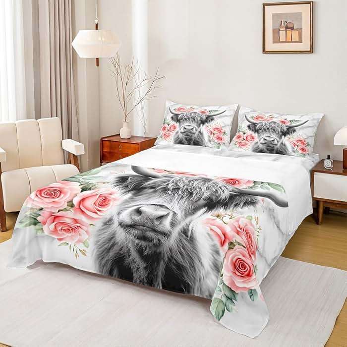 Highland Cow Flower Bed Sheets King, Bull Cattle Sheet Set, Western Funny Animal Bedding Set, Wildlife Farmhouse Cow Fitted Sheet Rose Grey Marble, 1 Flat Sheet, 1 Fitted Sheet, 2 Pillowcases - Image 3