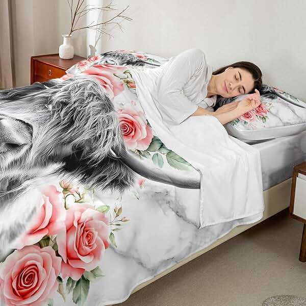Highland Cow Flower Bed Sheets King, Bull Cattle Sheet Set, Western Funny Animal Bedding Set, Wildlife Farmhouse Cow Fitted Sheet Rose Grey Marble, 1 Flat Sheet, 1 Fitted Sheet, 2 Pillowcases - Image 4