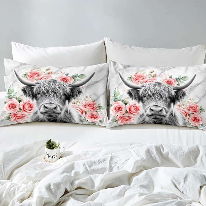 Highland Cow Flower Bed Sheets King, Bull Cattle Sheet Set, Western Funny Animal Bedding Set, Wildlife Farmhouse Cow Fitted Sheet Rose Grey Marble, 1 Flat Sheet, 1 Fitted Sheet, 2 Pillowcases - Image 5