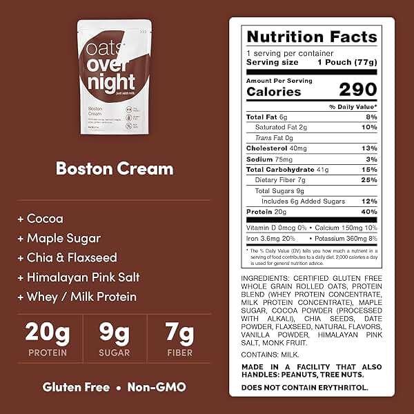 Oats Overnight Boston Cream - Overnight Oats with 20g Protein, High Fiber Breakfast Protein Shake - Gluten Free Oatmeal, Non GMO High Protein Oatmeal (2.7 oz per meal) (8 Pack) - Image 2
