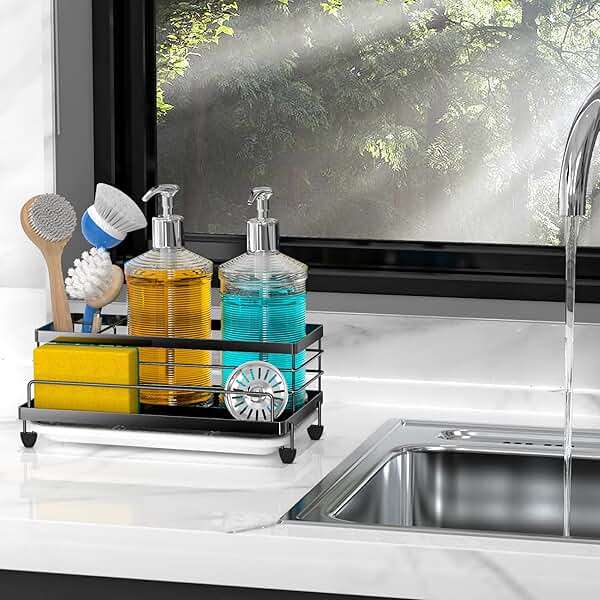 Cisily Black Sponge Holder for Kitchen, Sink Caddy Sink Organizer Rack for Kitchen Accessories with Drip Tray, Rustproof and Non-slip, Soap Dispenser Countertop Organizer Essentials for New Home - Image 2