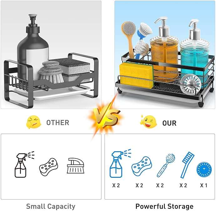 Cisily Black Sponge Holder for Kitchen, Sink Caddy Sink Organizer Rack for Kitchen Accessories with Drip Tray, Rustproof and Non-slip, Soap Dispenser Countertop Organizer Essentials for New Home - Image 4