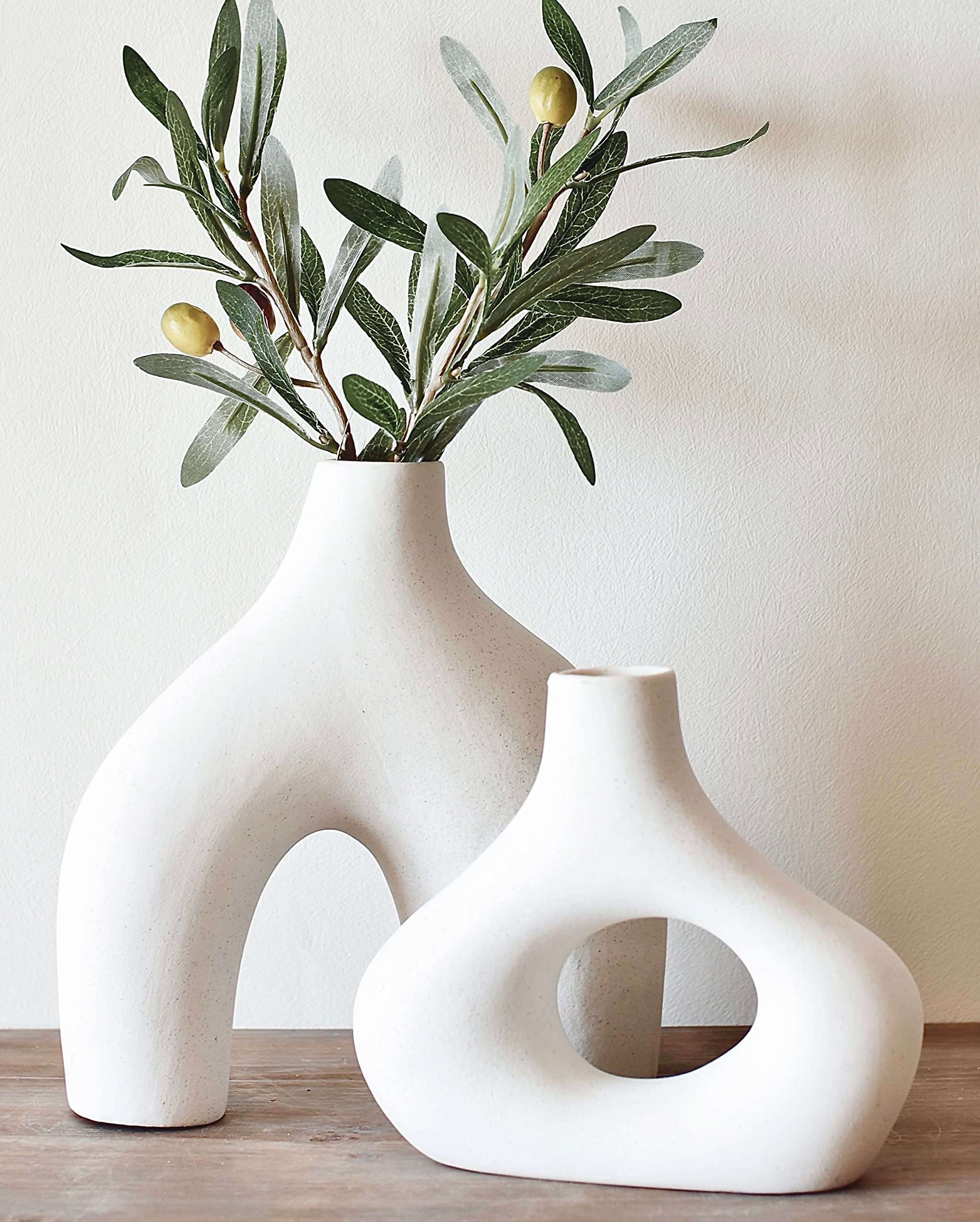 Carrot's Den Donut Vase, Set of 2 - White Large Ceramic Vase - Minimalist Nordic, Hollow | Table Centerpiece, Olive Plant, Wedding, Living Room, Bookshelf, Office, Modern Home, Entryway, Console - Image 1