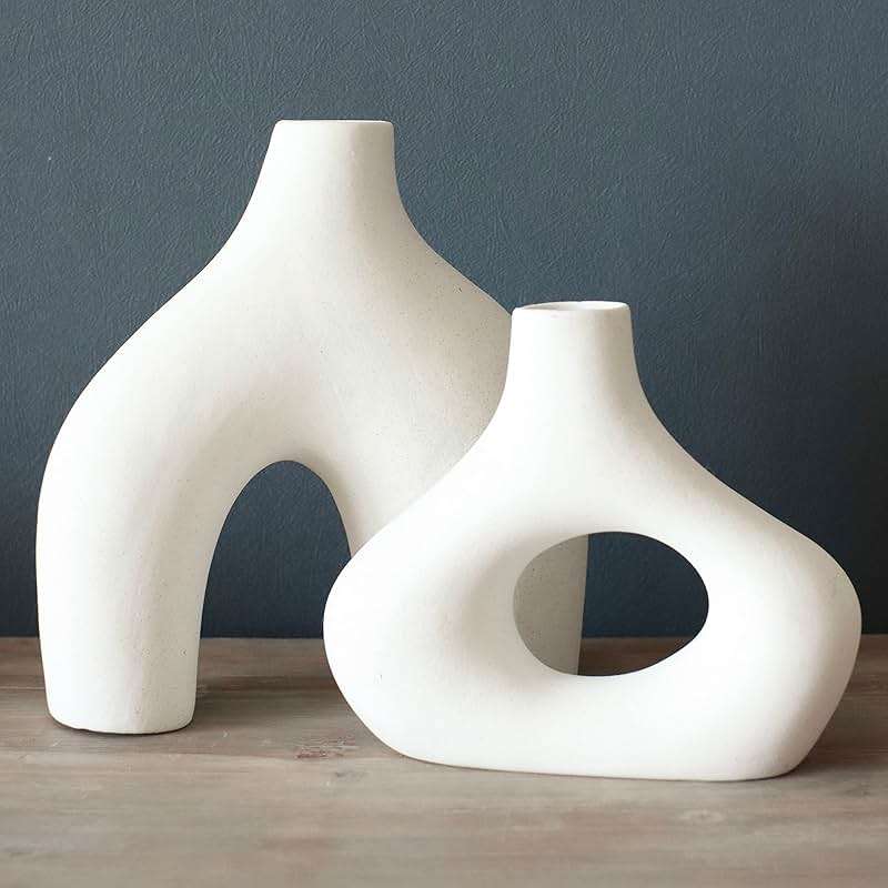 Carrot's Den Donut Vase, Set of 2 - White Large Ceramic Vase - Minimalist Nordic, Hollow | Table Centerpiece, Olive Plant, Wedding, Living Room, Bookshelf, Office, Modern Home, Entryway, Console - Image 3