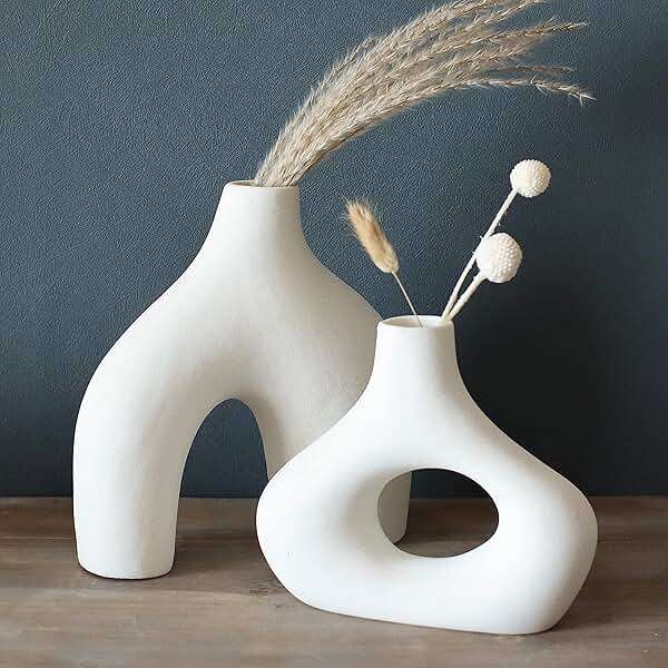 Carrot's Den Donut Vase, Set of 2 - White Large Ceramic Vase - Minimalist Nordic, Hollow | Table Centerpiece, Olive Plant, Wedding, Living Room, Bookshelf, Office, Modern Home, Entryway, Console - Image 7