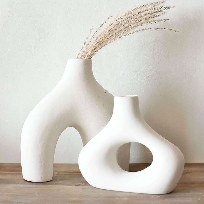 Carrot's Den Donut Vase, Set of 2 - White Large Ceramic Vase - Minimalist Nordic, Hollow | Table Centerpiece, Olive Plant, Wedding, Living Room, Bookshelf, Office, Modern Home, Entryway, Console - Image 8