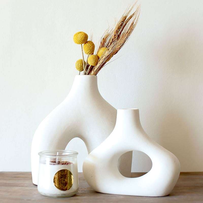 Carrot's Den Donut Vase, Set of 2 - White Large Ceramic Vase - Minimalist Nordic, Hollow | Table Centerpiece, Olive Plant, Wedding, Living Room, Bookshelf, Office, Modern Home, Entryway, Console - Image 9