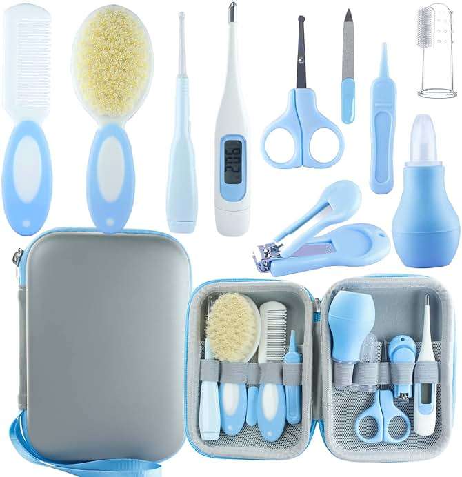 VZAYQUPXY Baby Grooming Kit, Baby Essentials for Newborns, Portable Baby Care Kit, Contains Baby Nail Clippers, Baby Comb, Baby Brush, Baby Ear Wax Removal Tool and More (10 in 1) (Blue) - Image 1