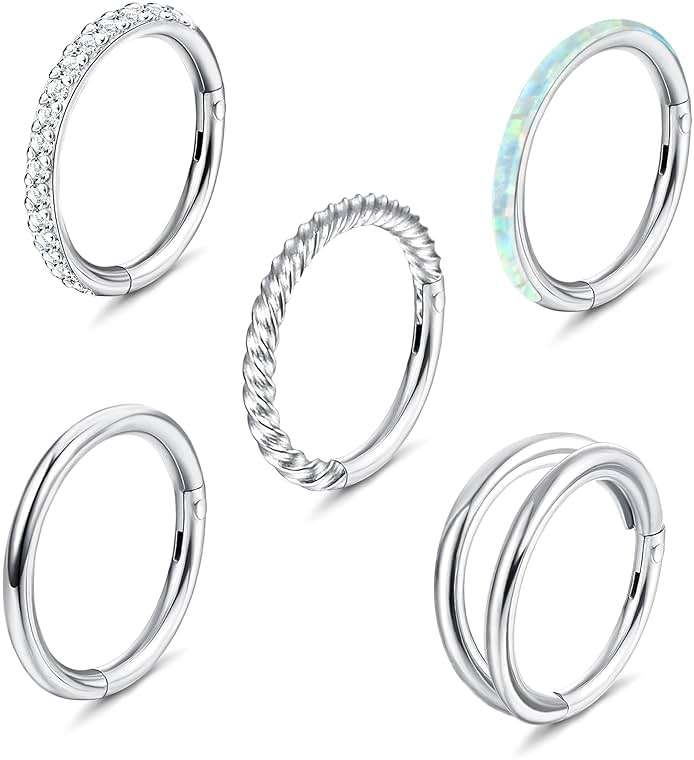 Jstyle 5Pcs 18G 16G Surgical Steel Nose Rings Hoop for Women Opal CZ Clicker Hinged Septum Nose Ring Lip Helix Cartilage Hoop Earring Daith Rook Conch Piercing Jewelry for Women 8mm 10mm - Image 1