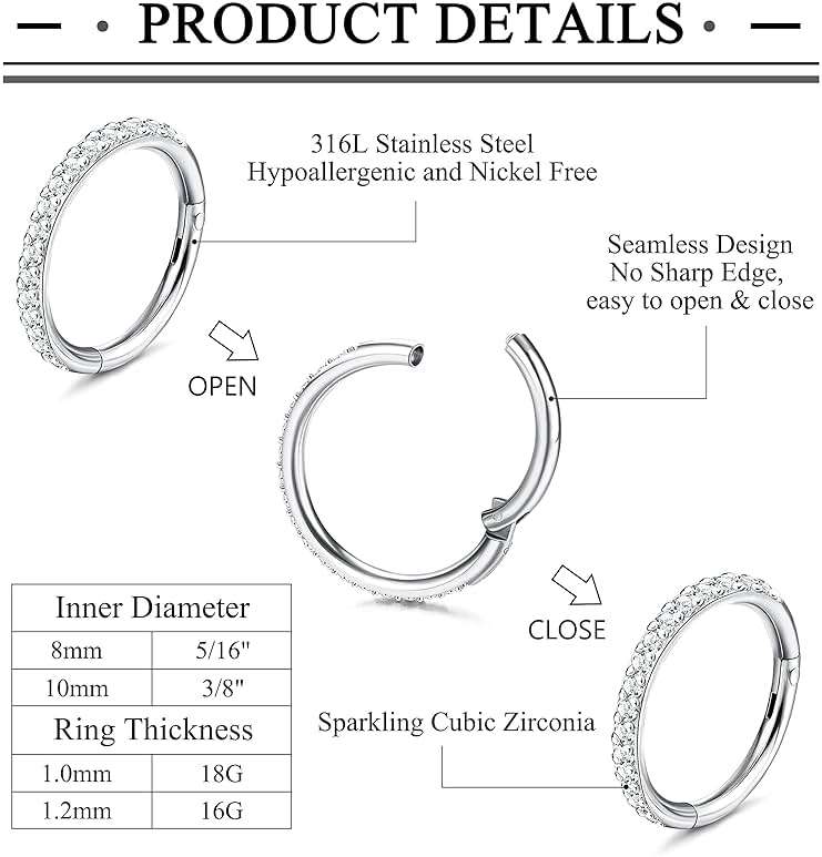 Jstyle 5Pcs 18G 16G Surgical Steel Nose Rings Hoop for Women Opal CZ Clicker Hinged Septum Nose Ring Lip Helix Cartilage Hoop Earring Daith Rook Conch Piercing Jewelry for Women 8mm 10mm - Image 2