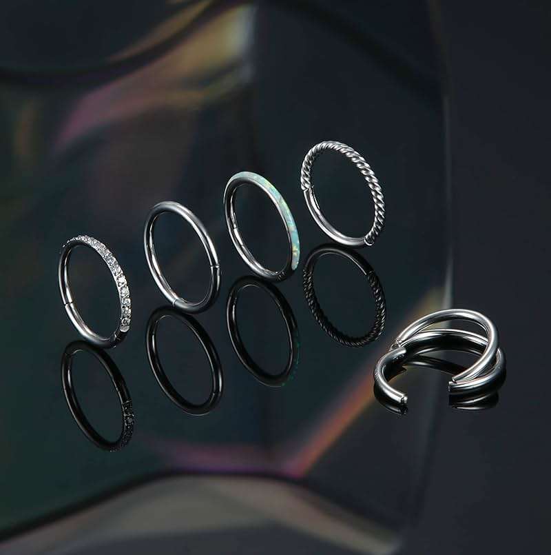 Jstyle 5Pcs 18G 16G Surgical Steel Nose Rings Hoop for Women Opal CZ Clicker Hinged Septum Nose Ring Lip Helix Cartilage Hoop Earring Daith Rook Conch Piercing Jewelry for Women 8mm 10mm - Image 6