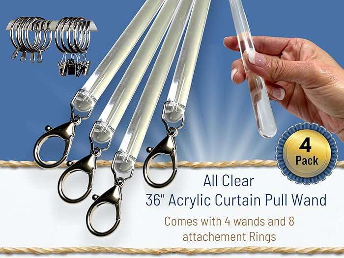 OooWow 36 inch (4 Pack) All Clear Acrylic Curtain Pull Wand - Clear Drapery Pull Rod for Opening-Closing Curtains. Versatile Curtain Wand - Invisible Drapery Wand - (36 Inch) - Image 3