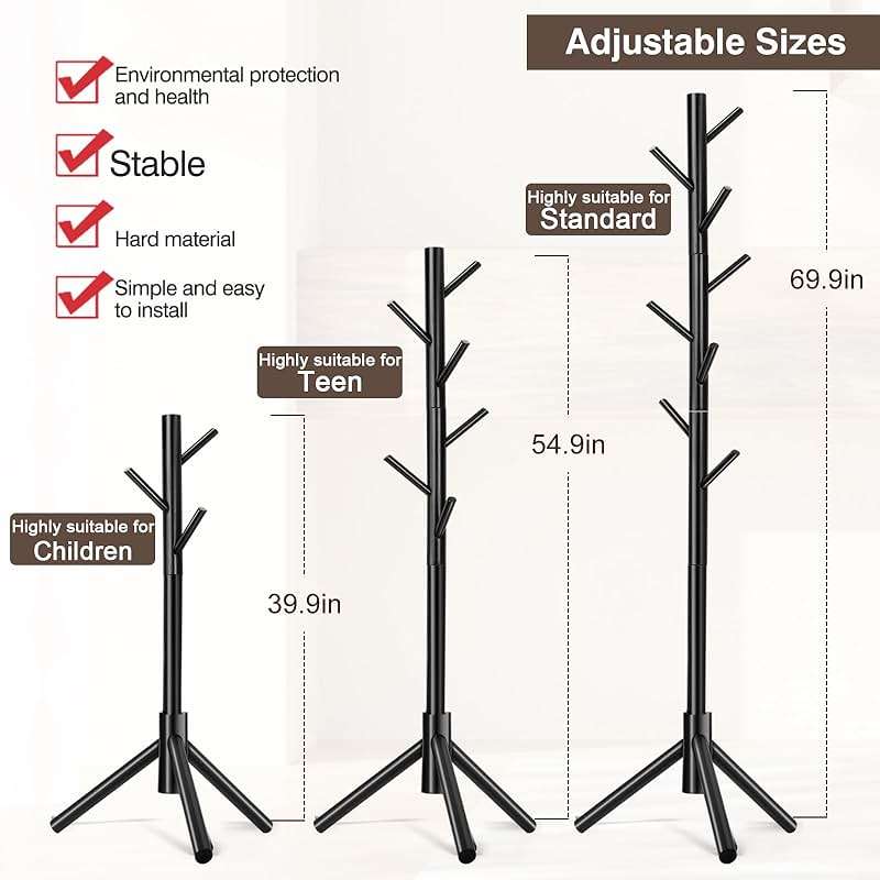 WANGMUXIA Coat Rack, Freestanding Coat Rack with 8 Hooks and 3 Adjustable Size Tree Coat Racks for Bedroom, Hallway, Entrance, Office, for Hats, Coats, Scarves, Handbags - Image 3