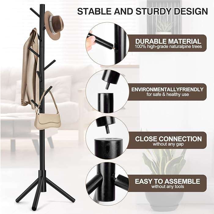 WANGMUXIA Coat Rack, Freestanding Coat Rack with 8 Hooks and 3 Adjustable Size Tree Coat Racks for Bedroom, Hallway, Entrance, Office, for Hats, Coats, Scarves, Handbags - Image 5