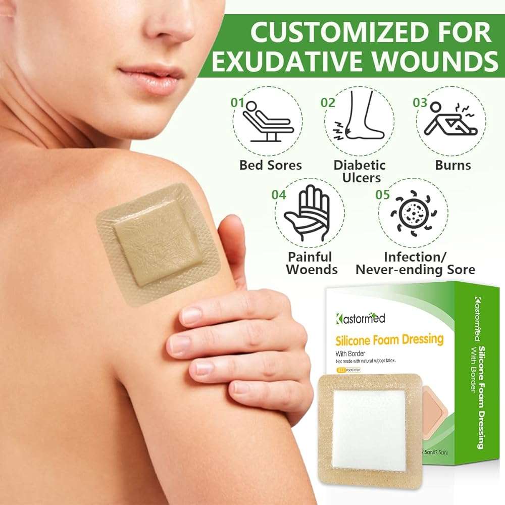 Silicone Adhesive Foam Dressing with Gentle Border 3''x3'' 10 Pack, High Absorbency Foam Wound Bandage for Bed Sore Leg Ulcer Foot Diabetic Ulcer by Kastormed - Image 2