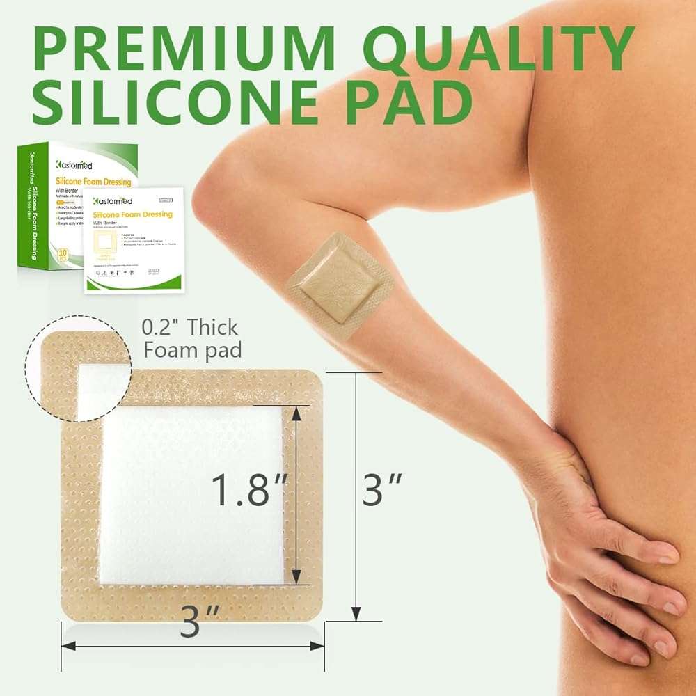 Silicone Adhesive Foam Dressing with Gentle Border 3''x3'' 10 Pack, High Absorbency Foam Wound Bandage for Bed Sore Leg Ulcer Foot Diabetic Ulcer by Kastormed - Image 4
