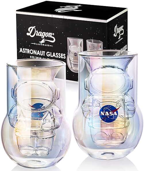 NASA Astronaut Glasses - 7 oz Set of 2 Double Wall Iridescent Drinkware with NASA symbol and Artemis Patch - Unique Glassware for Space Enthusiasts - Keeps Drinks Cold Longer - Image 1