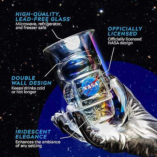 NASA Astronaut Glasses - 7 oz Set of 2 Double Wall Iridescent Drinkware with NASA symbol and Artemis Patch - Unique Glassware for Space Enthusiasts - Keeps Drinks Cold Longer - Image 3