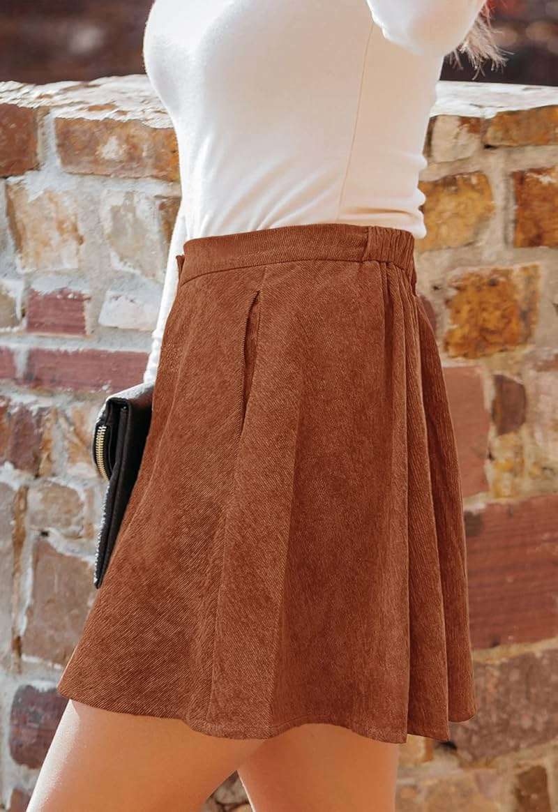 HERBATOMIA Women’s Button Front Mini Skirt A-line Pleated Corduroy Skater Skirts for Women with Pocket - Image 3
