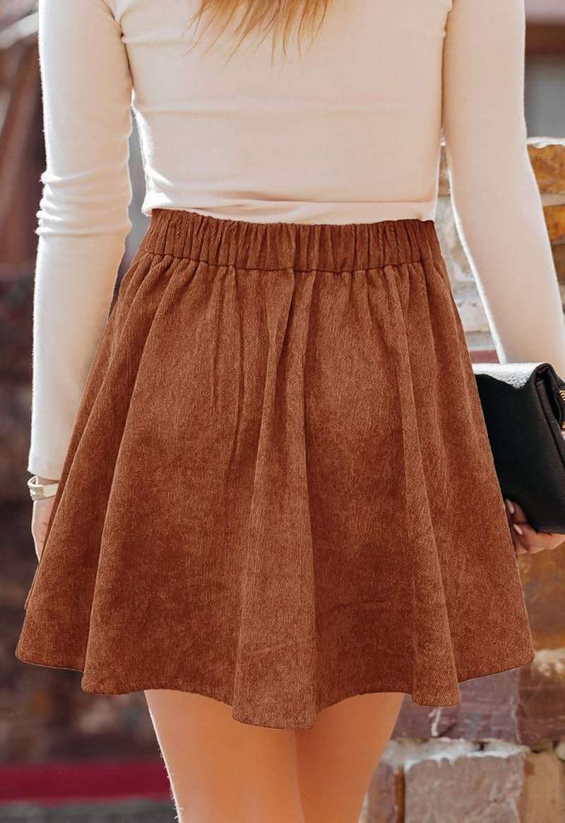 HERBATOMIA Women’s Button Front Mini Skirt A-line Pleated Corduroy Skater Skirts for Women with Pocket - Image 4