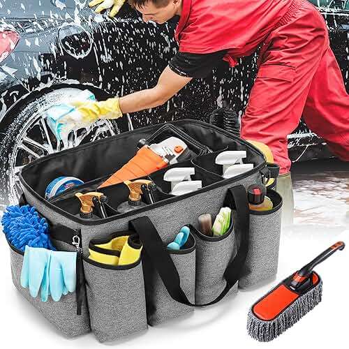 HODRANT Detailing Bag with Polisher Carry Bag, Large Detail Car Care Box for Auto Detailing Supplies, Car Wash Caddy & Trunk Organizer for Buffer Bottle Towel & Cleaning Kit, Gray, Patent Design - Image 2