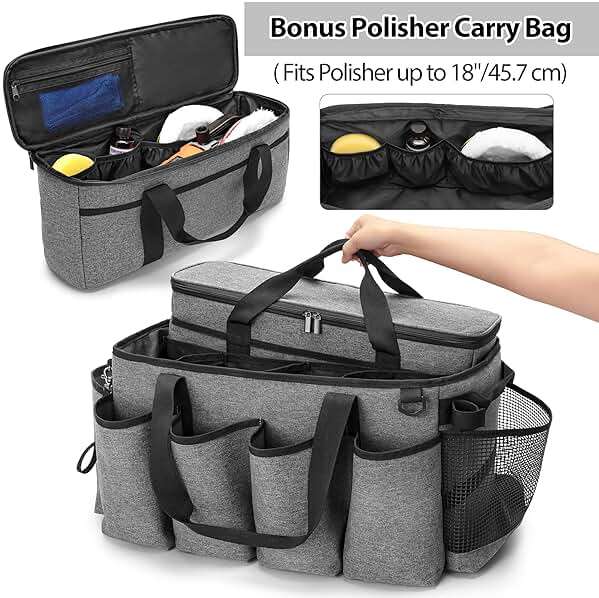 HODRANT Detailing Bag with Polisher Carry Bag, Large Detail Car Care Box for Auto Detailing Supplies, Car Wash Caddy & Trunk Organizer for Buffer Bottle Towel & Cleaning Kit, Gray, Patent Design - Image 4