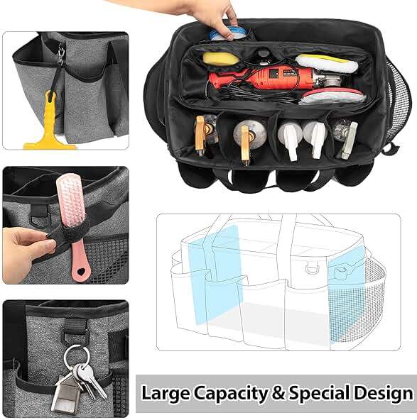 HODRANT Detailing Bag with Polisher Carry Bag, Large Detail Car Care Box for Auto Detailing Supplies, Car Wash Caddy & Trunk Organizer for Buffer Bottle Towel & Cleaning Kit, Gray, Patent Design - Image 5