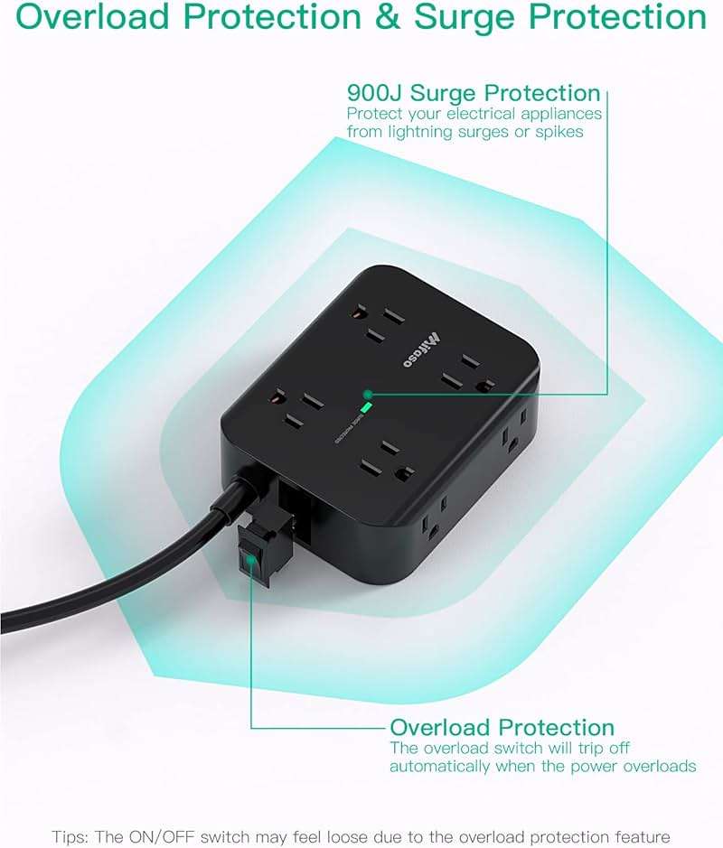 Power Strip Surge Protector - Flat Plug, Wall Mount, 8 Wide Outlets with 4 USB Ports (2 USB C), 5FT Heavy Duty Extension Cord with Multiple Outlets, Charging Station Overload Protection for Home Dorm - Image 6