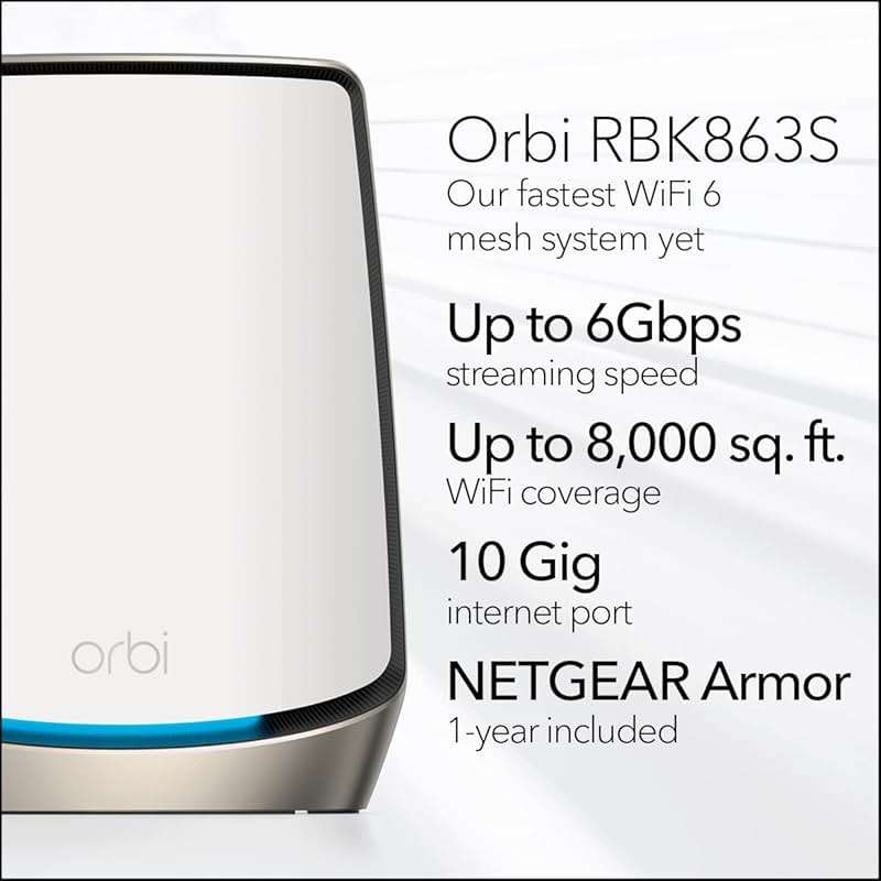 NETGEAR Orbi Tri-Band WiFi 6 Mesh Network System (RBK863S) – Router + 2 Satellite Extenders, Security Features, Up to 6Gbps, Up to 8,000 sq.ft., 100 Devices, 10 Gig Internet Port, Armor Subscription - Image 2
