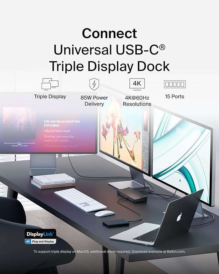 Belkin 15-in-1 Universal Triple Display DisplayLink Docking Station Hub w/ 3 HDMI Ports, 2 DisplayPorts for Triple 4K Display w/ 85W PD, 3.5mm Mic/Speaker, 1 USB-C, & 5 USB-A Ports, Black - Image 2