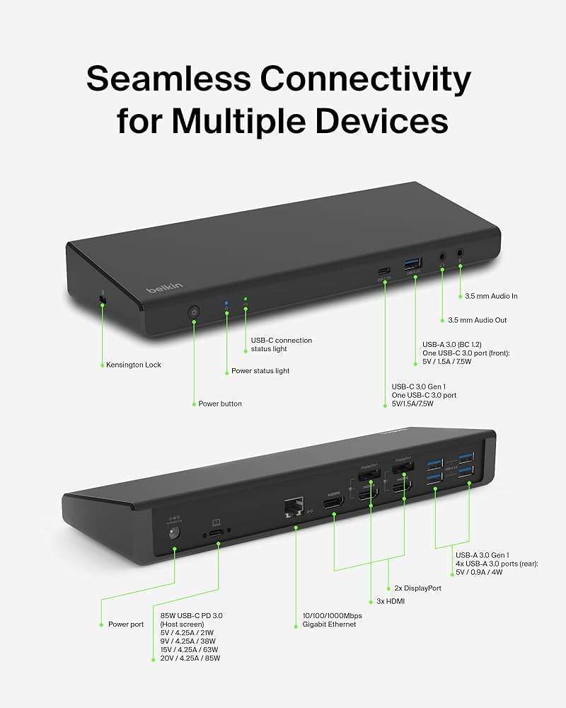 Belkin 15-in-1 Universal Triple Display DisplayLink Docking Station Hub w/ 3 HDMI Ports, 2 DisplayPorts for Triple 4K Display w/ 85W PD, 3.5mm Mic/Speaker, 1 USB-C, & 5 USB-A Ports, Black - Image 6