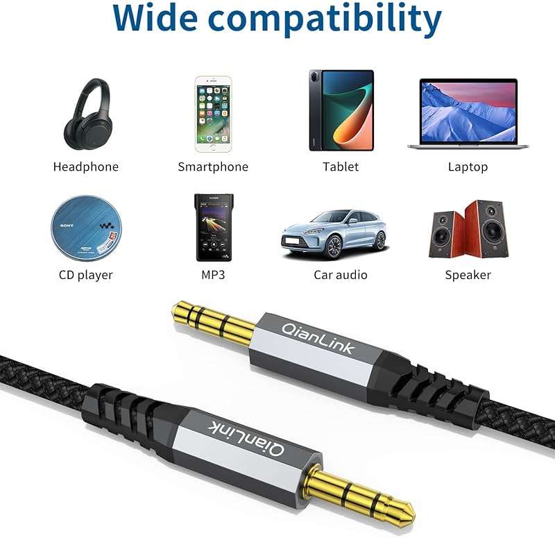 2 Pack AUX Cable, (6.6ft/2m, Hi-Fi Sound) 3.5mm TRS Auxiliary Audio Cable Nylon Braided Cord Compatible with Car,Home Stereos,Speaker,iPod iPad,Headphones,Sony,Echo Dot,Beats (Grey) - Image 6